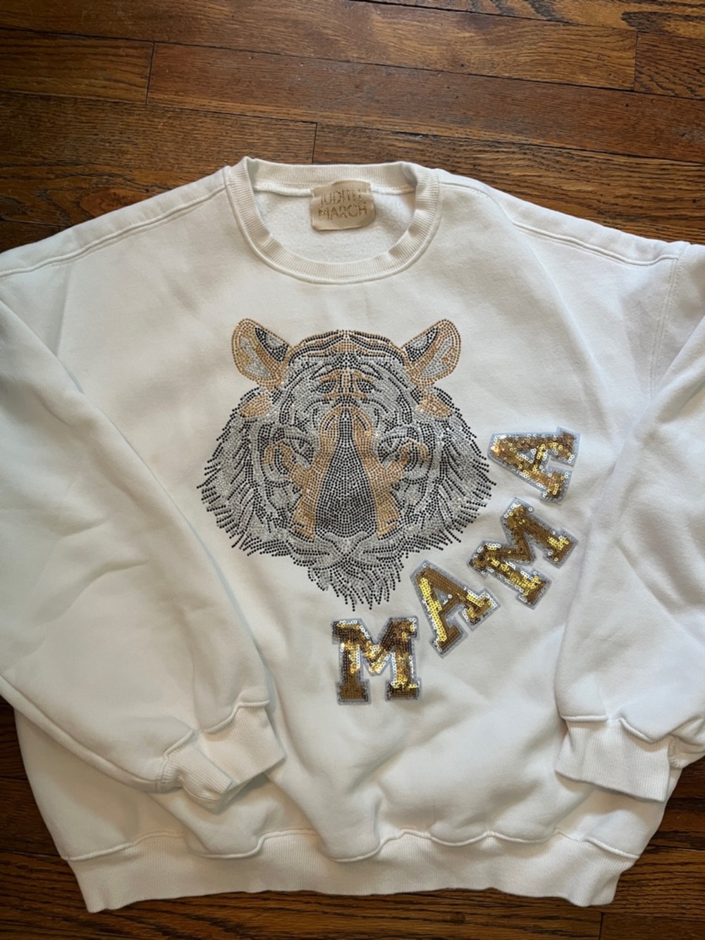 Judith March White Tiger Sequin Sweatshirt with Gold Accents